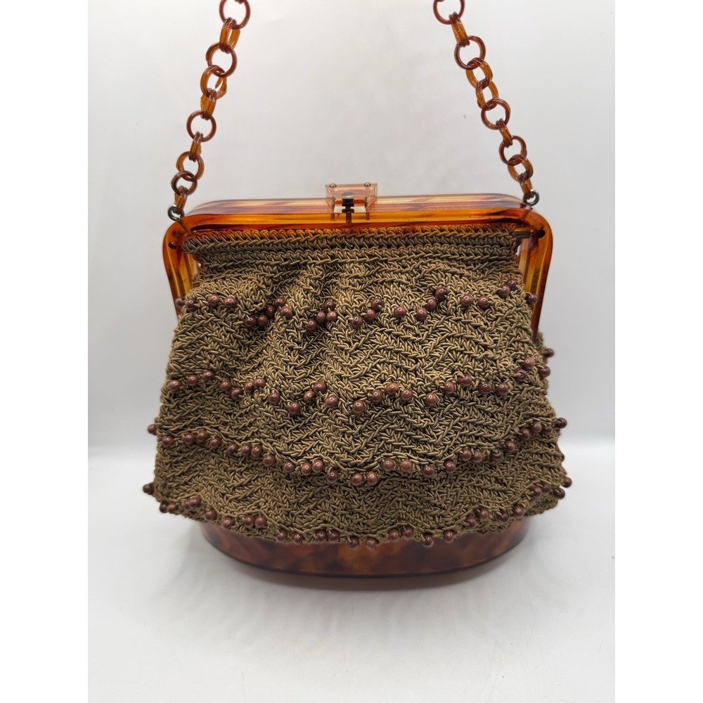 Vtg Oval Box Purse Beaded Handbag With Tortoise Lucite/Bakelite? Early Plastic - Picture 2 of 10